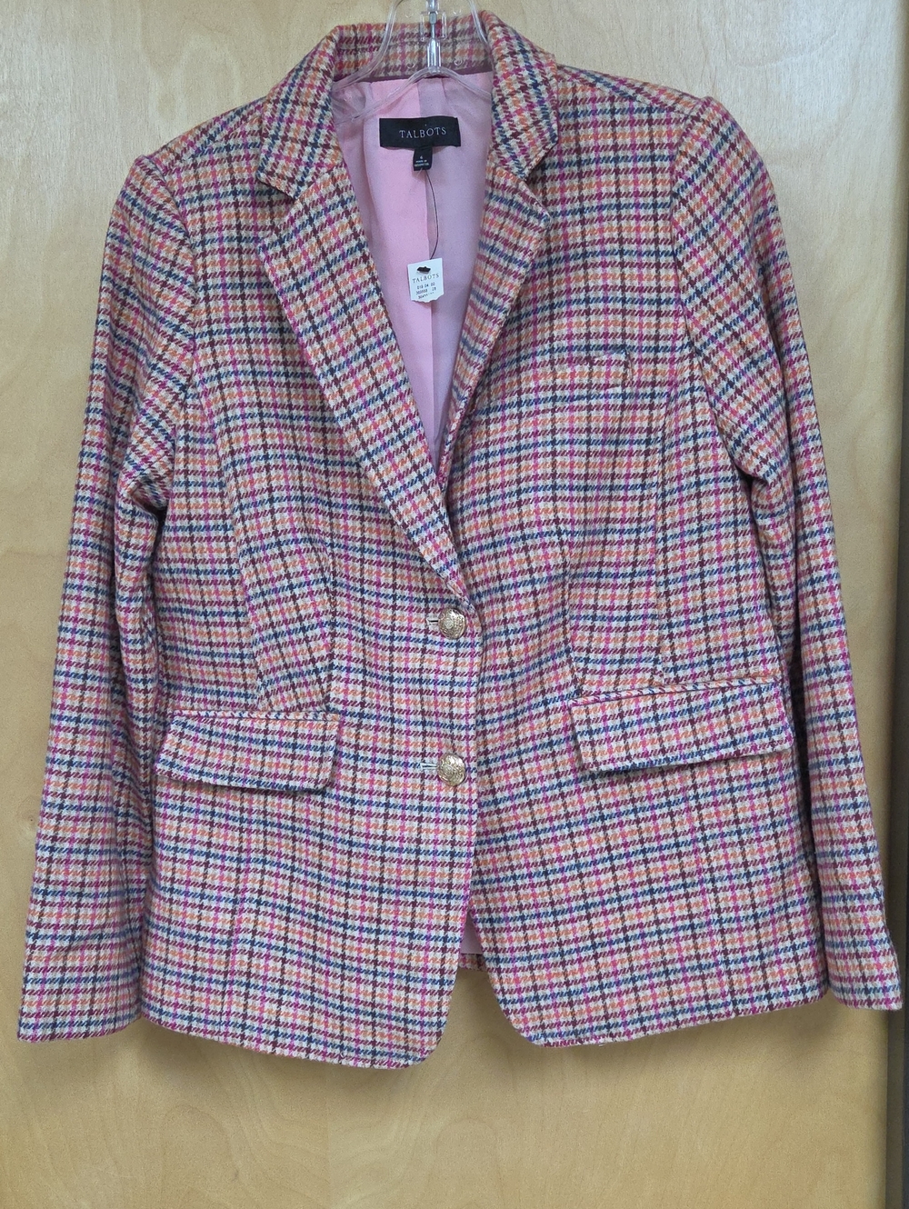 Talbots Pink Multi Houndstooth Wool-Blend Blazer Jacket